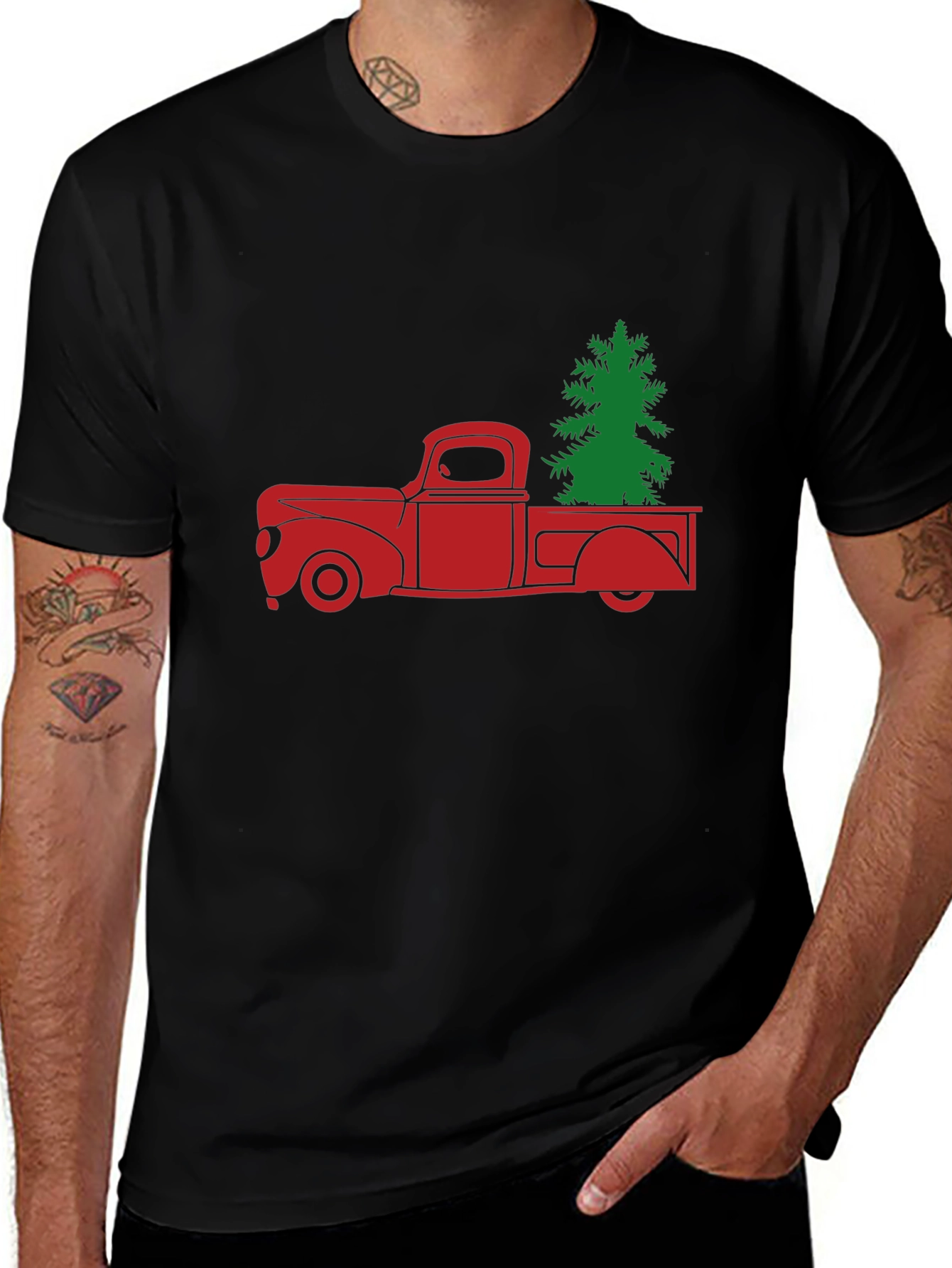 Red Truck Christmas Tree Graphic Tee - Black
