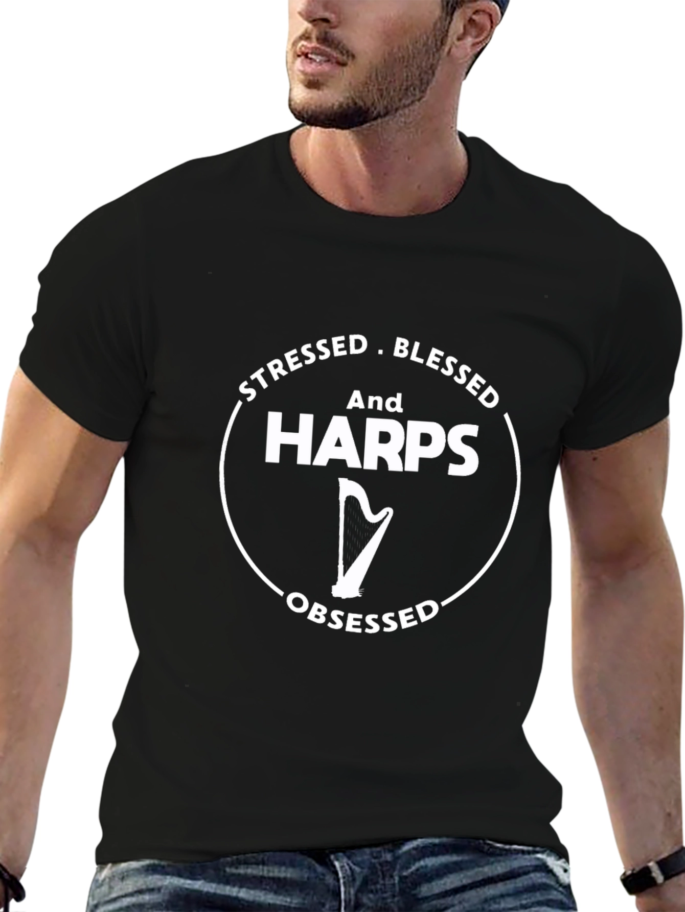 Stressed Blessed Harps Obsessed Black T-Shirt