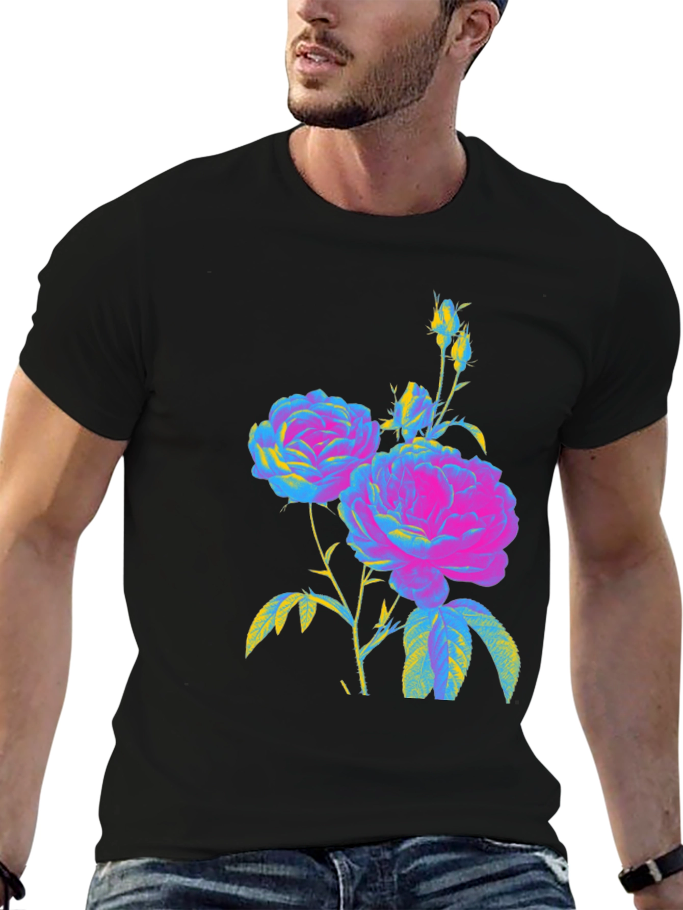 Floral Print T-Shirt - Vivid Roses on Black