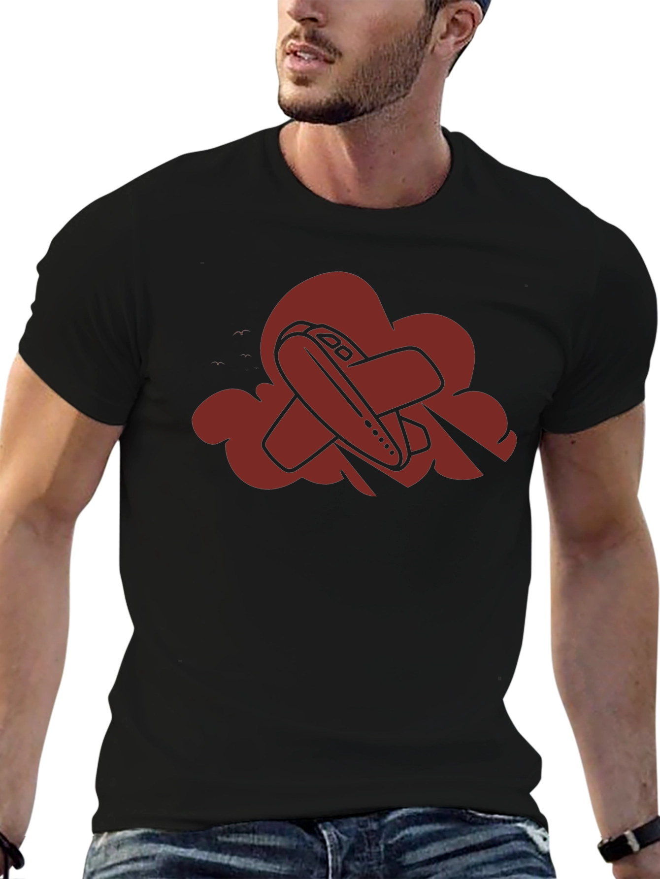 Airplane Cloud Graphic Tee - Black Casual T-Shirt