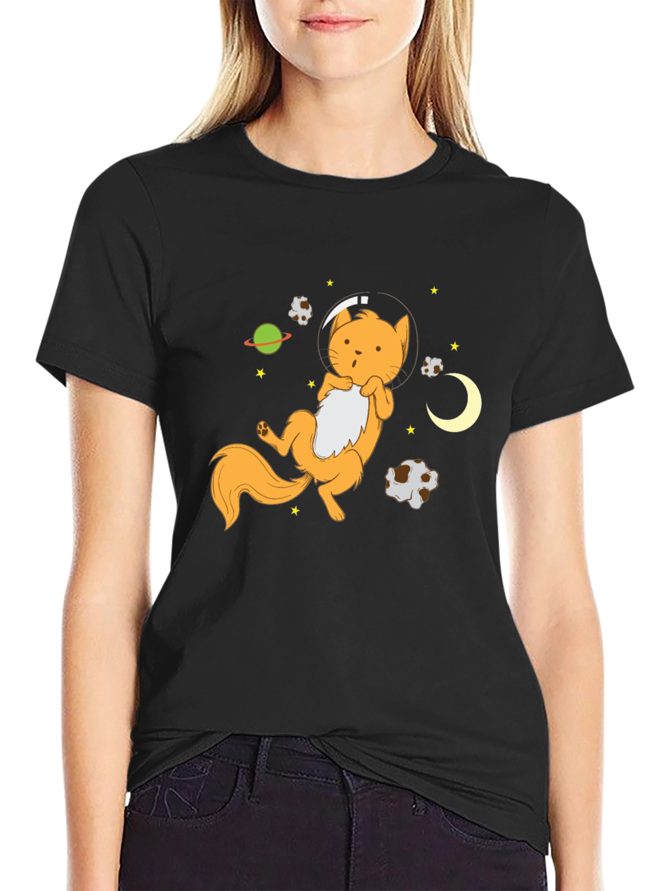 Astronaut Cat Graphic Tee - Black Cotton Blend T-Shirt
