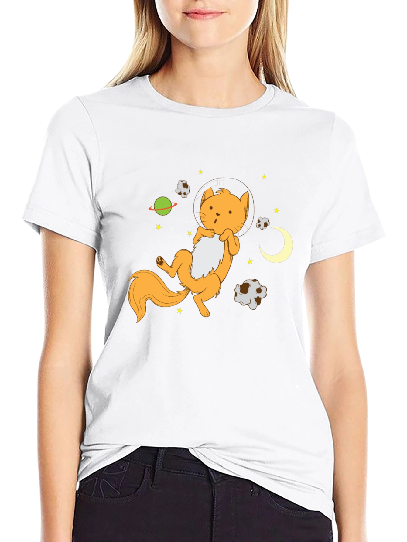 Astronaut Cat Graphic Tee - Black Cotton Blend T-Shirt