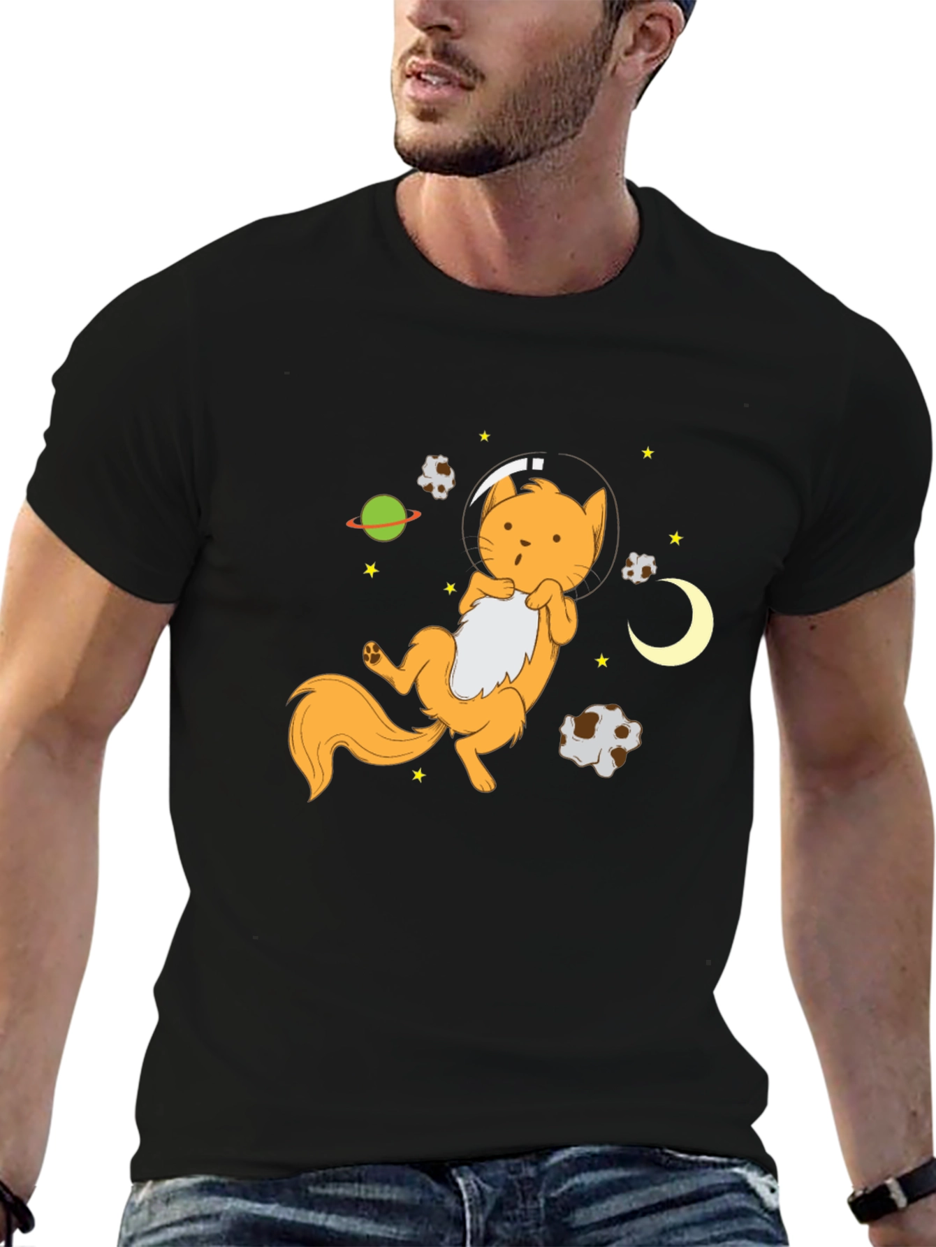 Astronaut Cat Graphic Tee - Black Cotton Blend T-Shirt