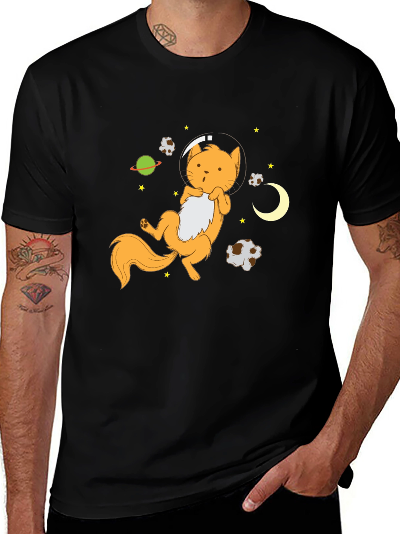 Astronaut Cat Graphic Tee - Black Cotton Blend T-Shirt