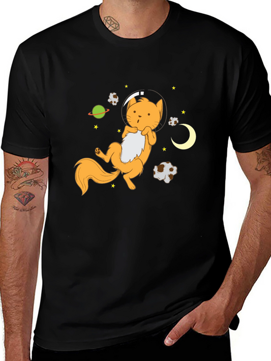 Astronaut Cat Graphic Tee - Black Cotton Blend T-Shirt