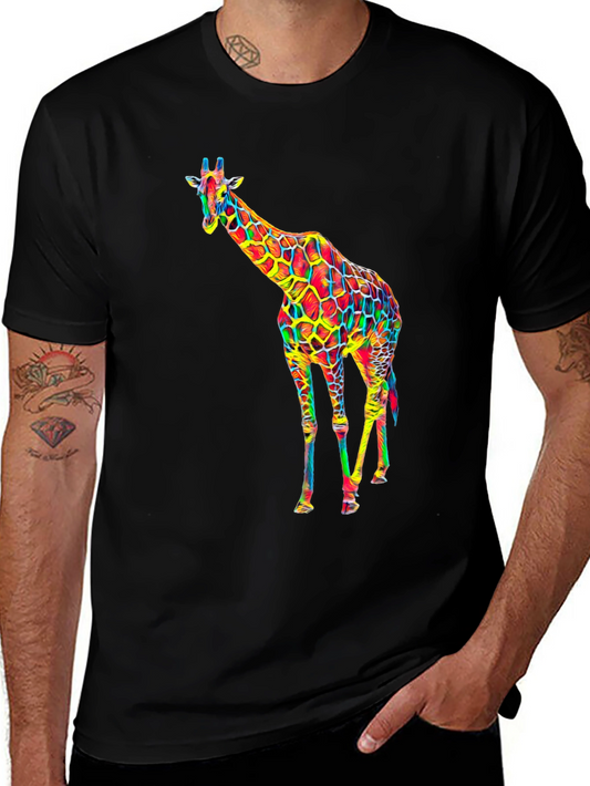Colorful Giraffe Graphic Print Black T-Shirt