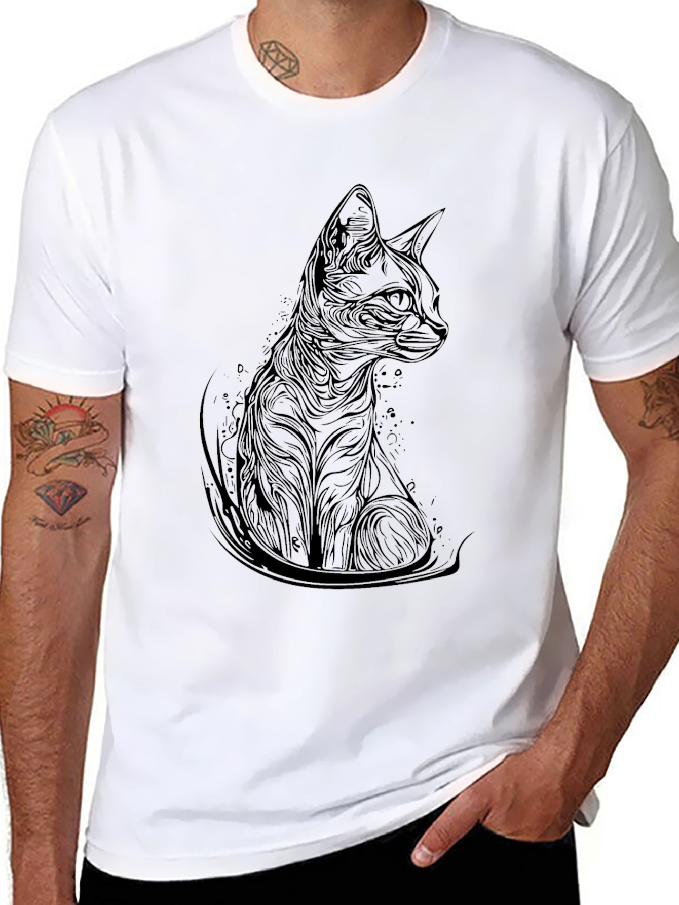 Elegant Cat Print Black T-Shirt - Modern Style