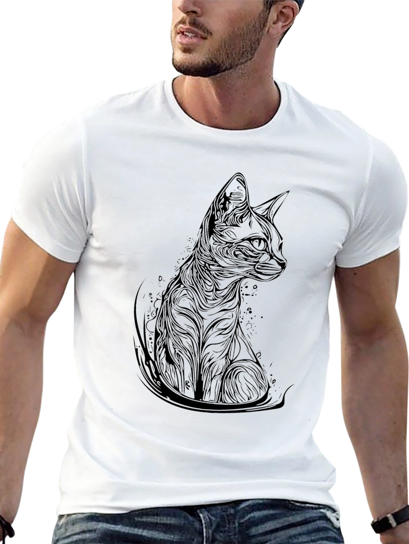 Elegant Cat Print Black T-Shirt - Modern Style