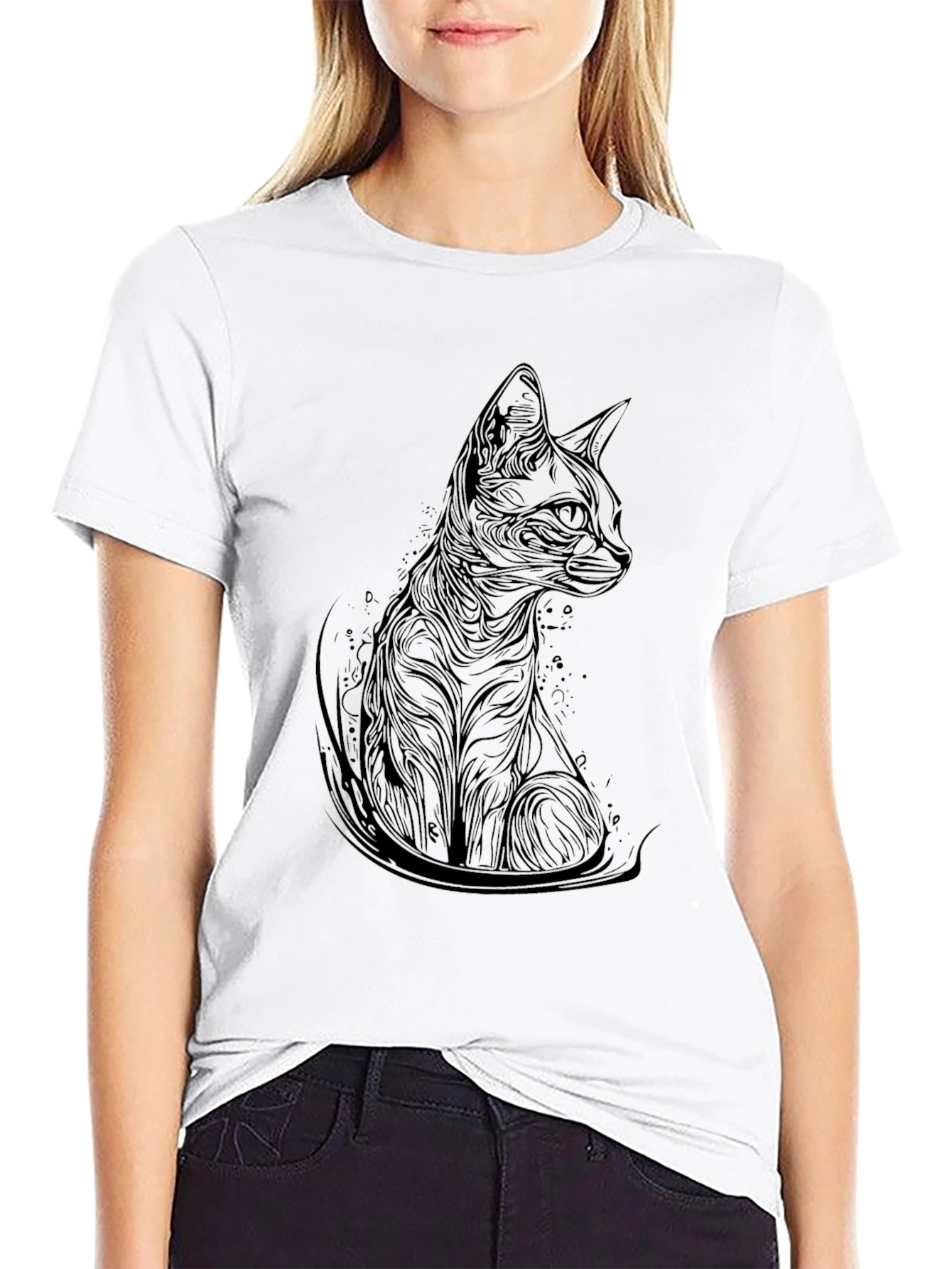 Elegant Cat Print Black T-Shirt - Modern Style