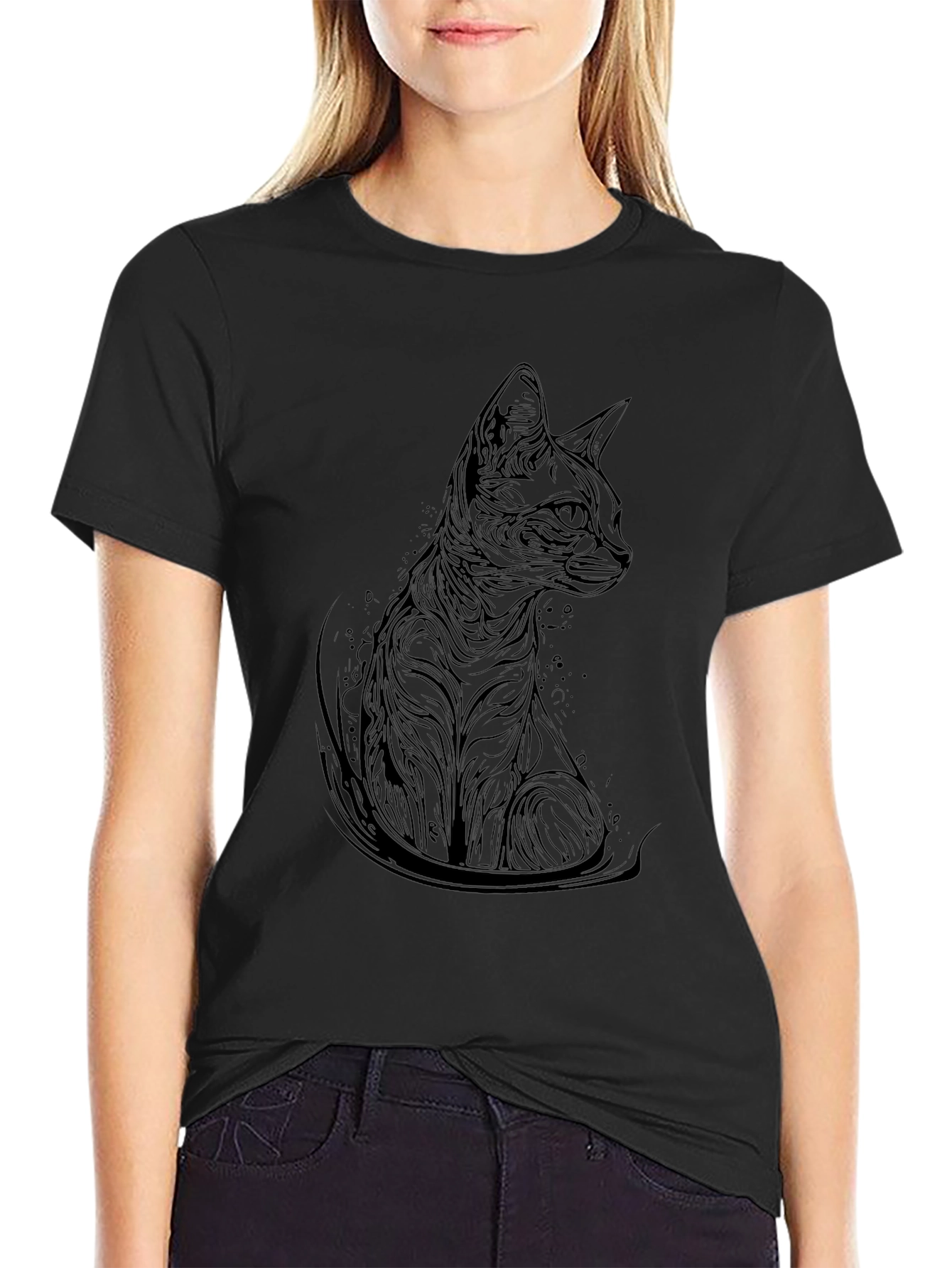 Elegant Cat Print Black T-Shirt - Modern Style