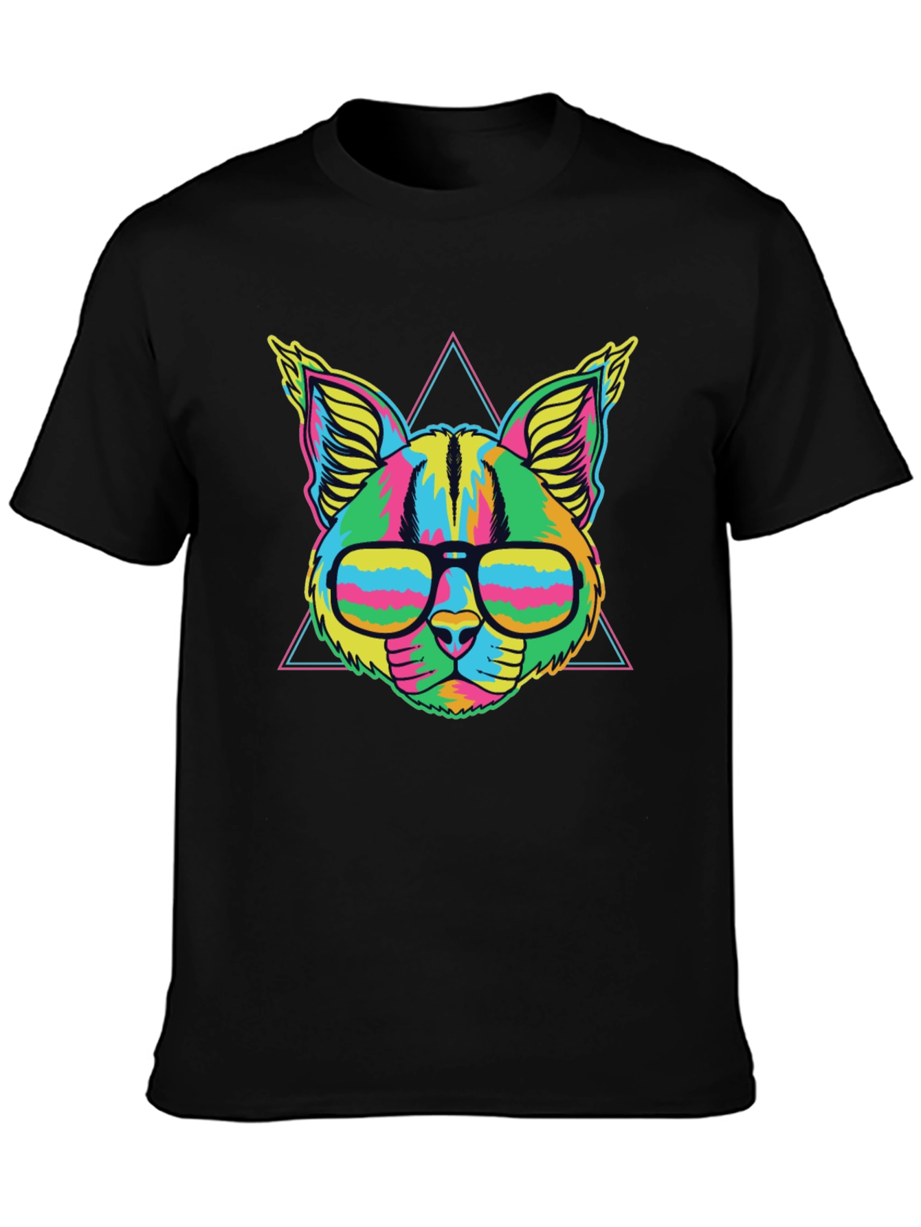 Vibrant Neon Cat T-Shirt with Glasses