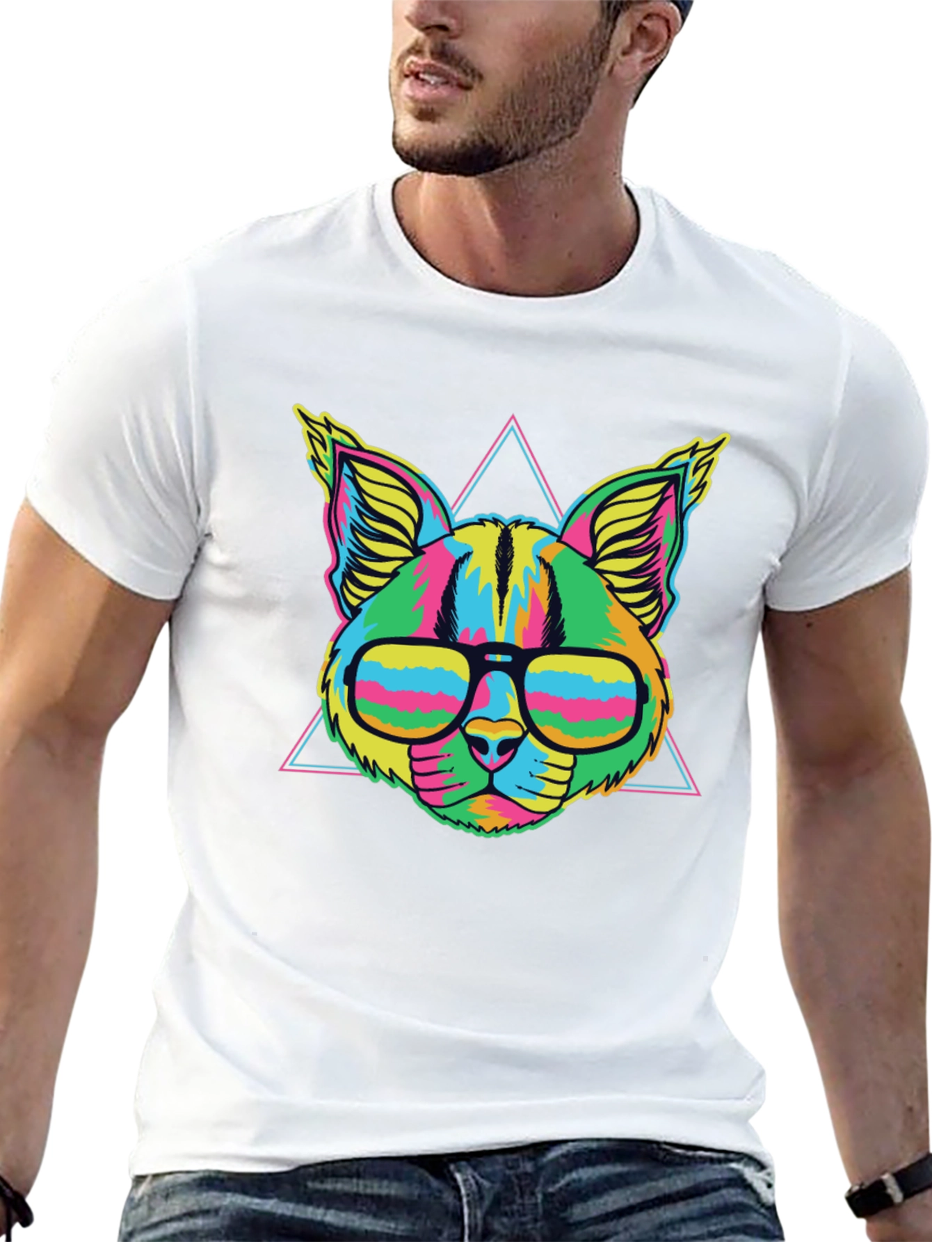 Vibrant Neon Cat T-Shirt with Glasses