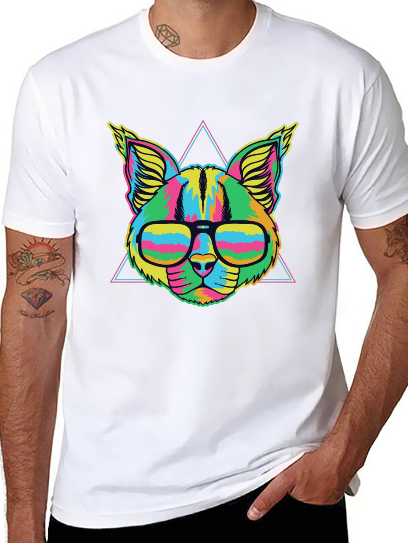 Vibrant Neon Cat T-Shirt with Glasses