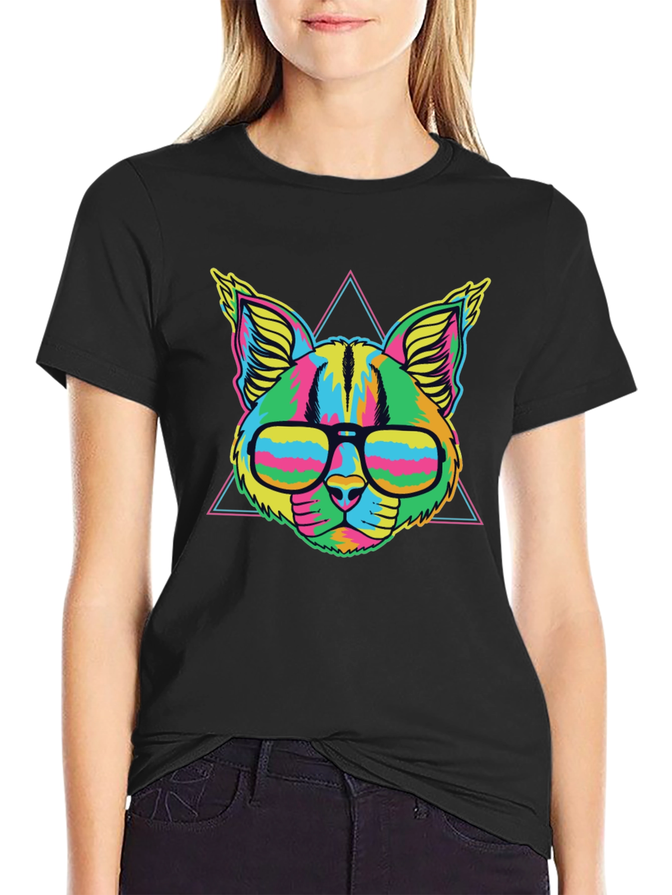 Vibrant Neon Cat T-Shirt with Glasses