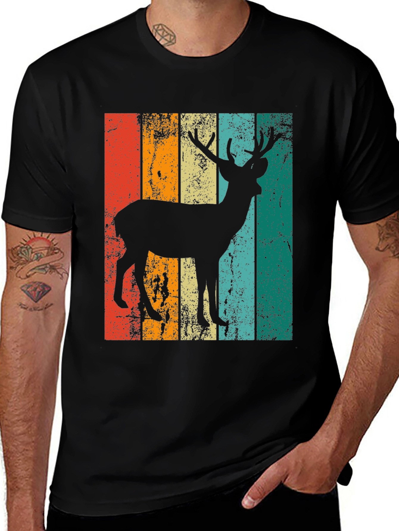 Retro Deer Graphic Print Tee - Black