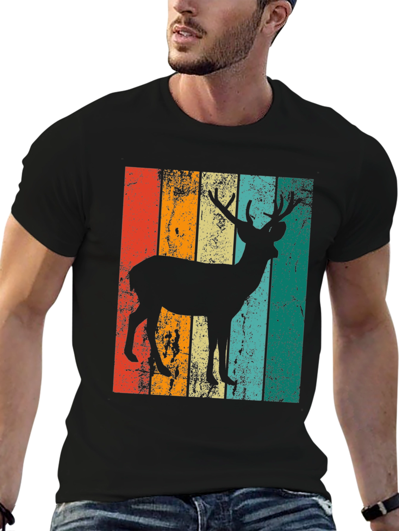 Retro Deer Graphic Print Tee - Black