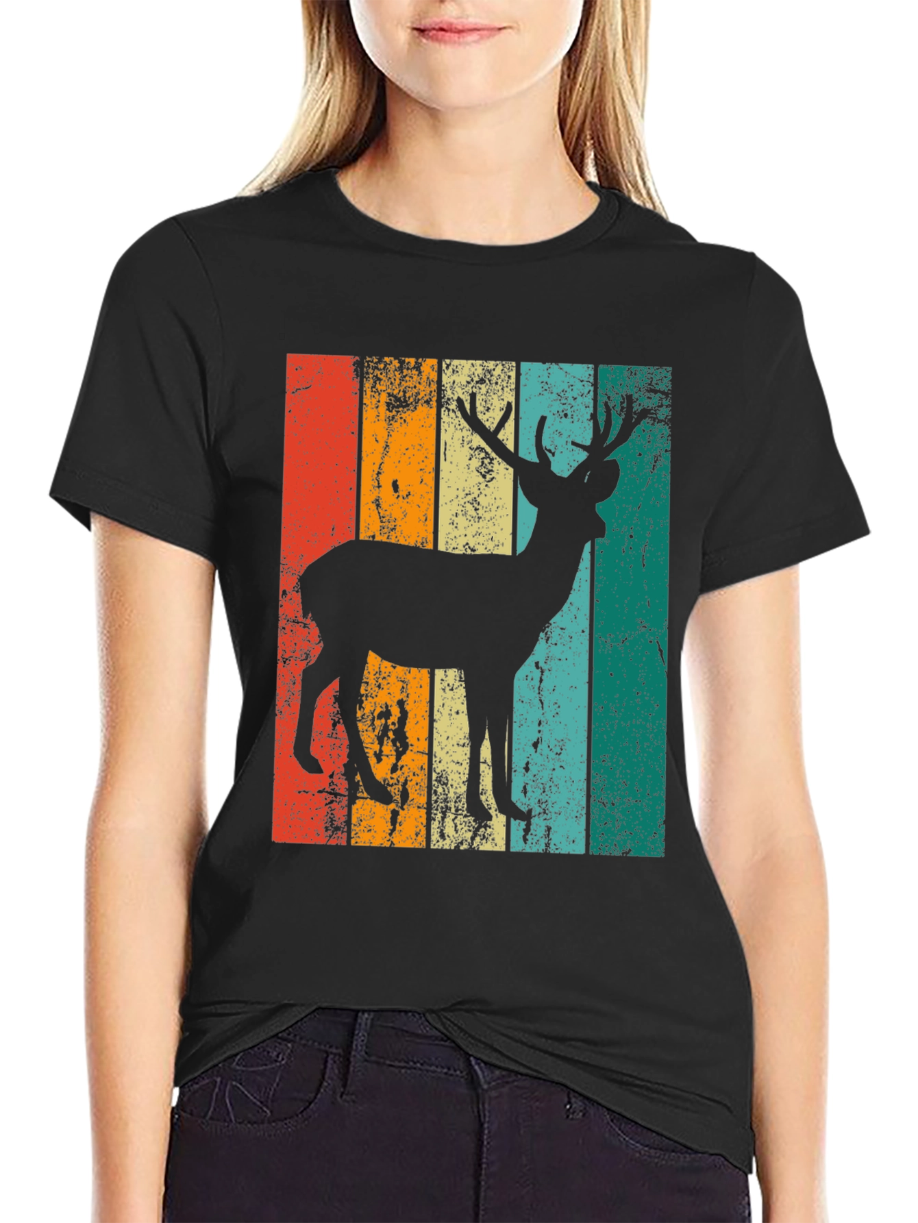 Retro Deer Graphic Print Tee - Black