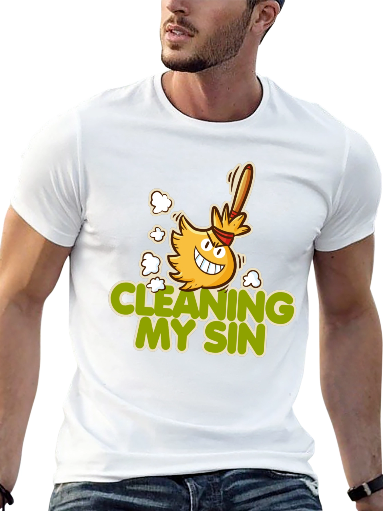 Cleaning My Sin Cartoon Broom Graphic Tee