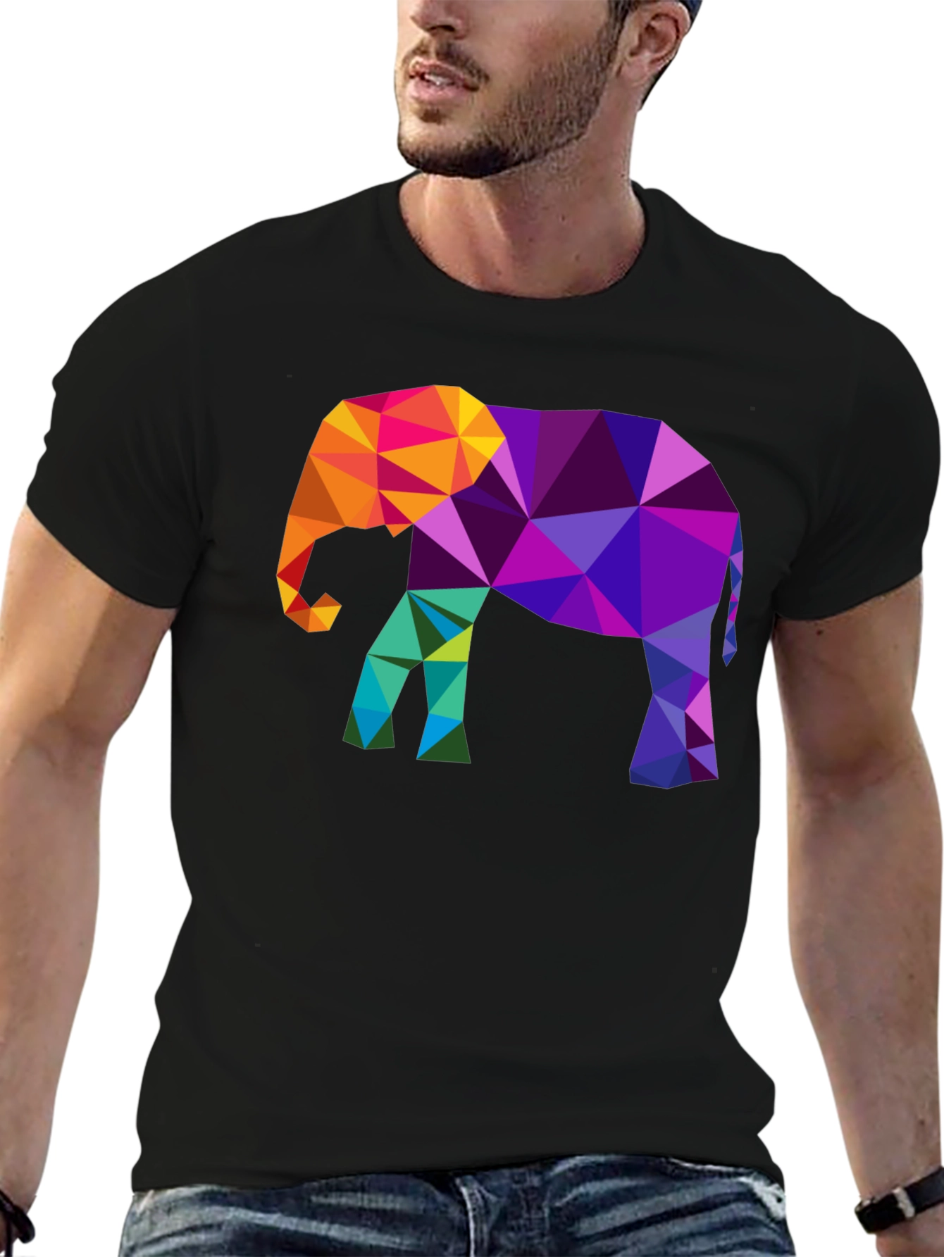 Geometric Elephant Graphic Tee - Modern Mens Black T-Shirt