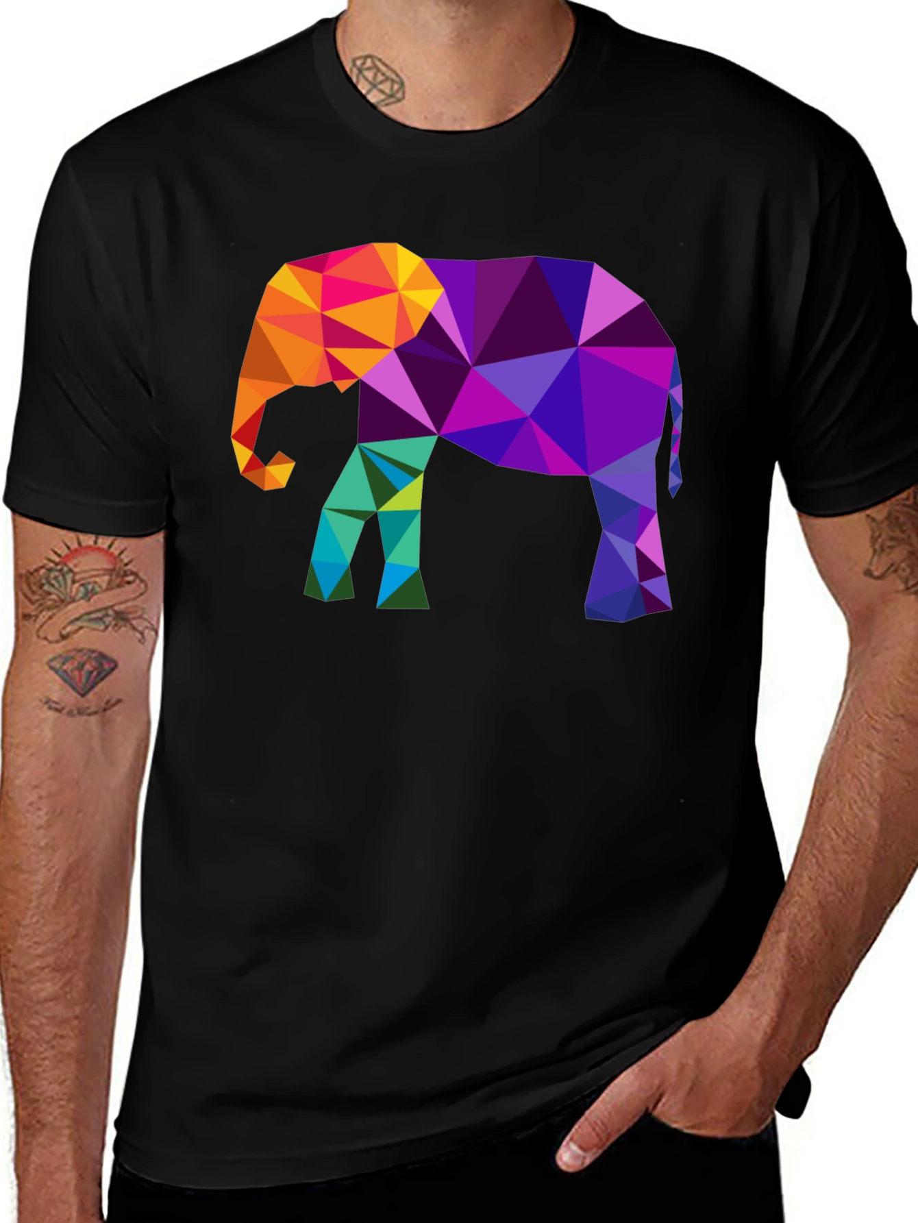 Geometric Elephant Graphic Tee - Modern Mens Black T-Shirt