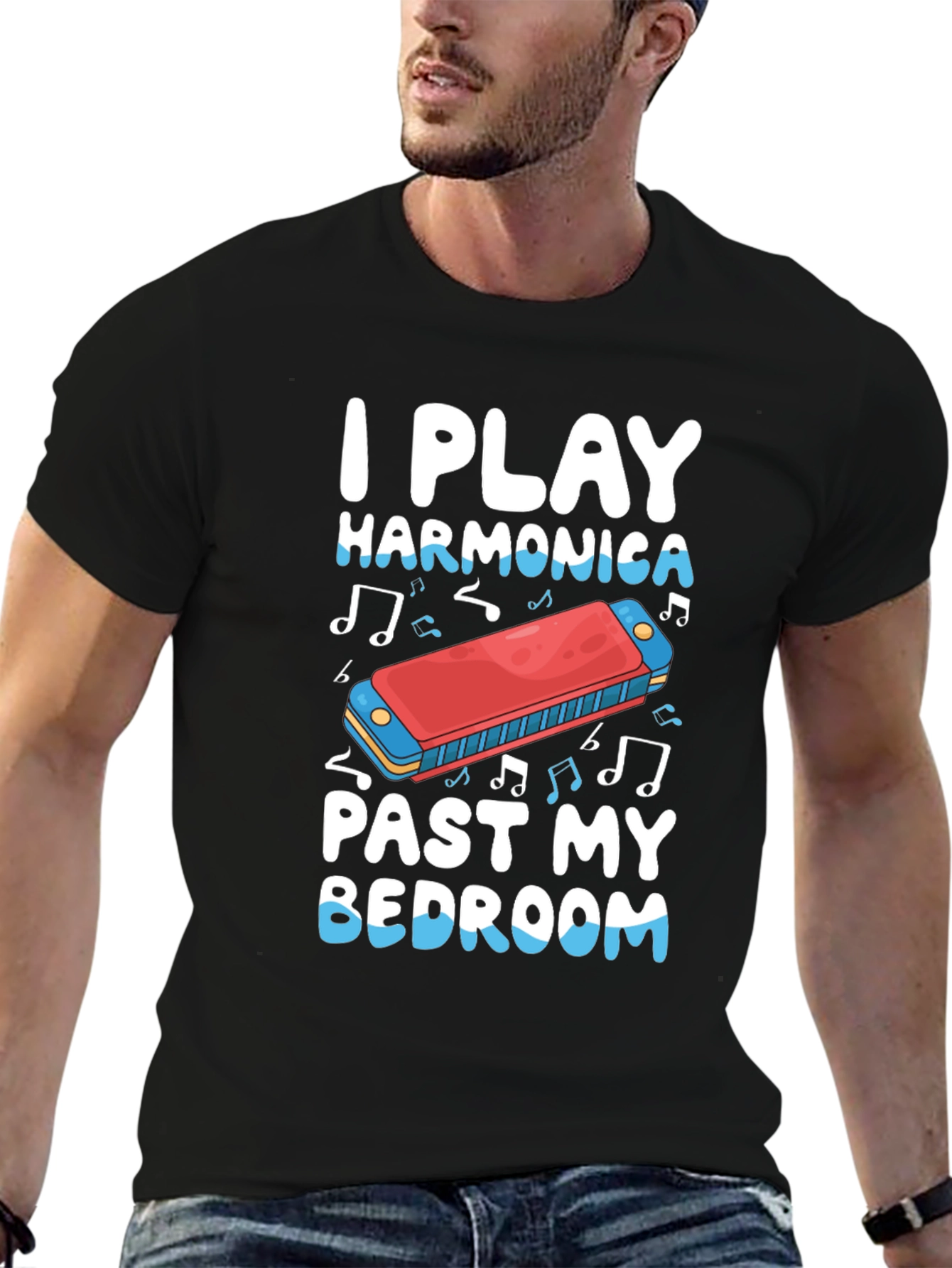 I Play Harmonica Past My Bedroom Black T-Shirt