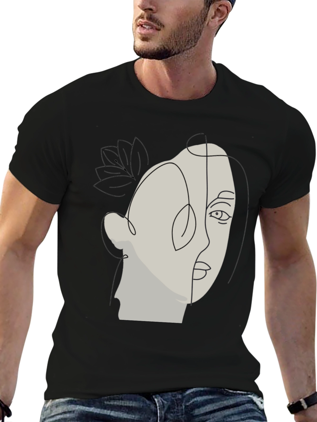 Abstract Face Line Art Black T-Shirt