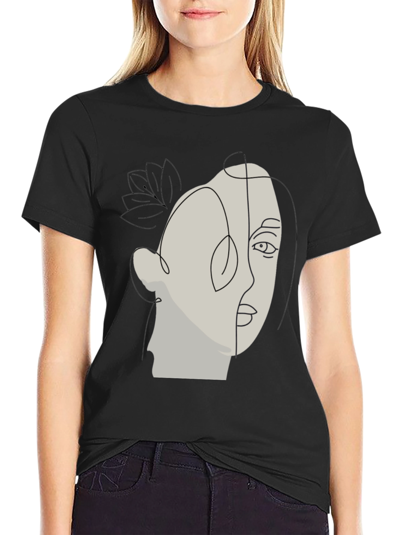 Abstract Face Line Art Black T-Shirt