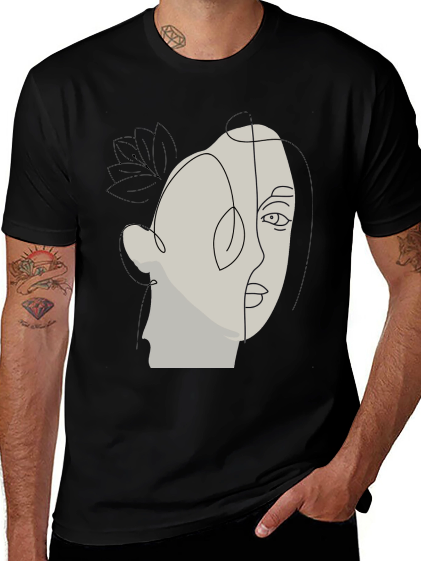 Abstract Face Line Art Black T-Shirt