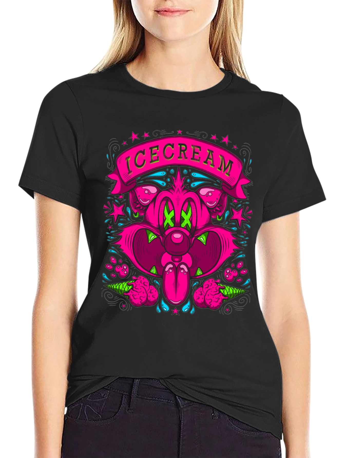 IceCream Cartoon Graphic Black T-Shirt