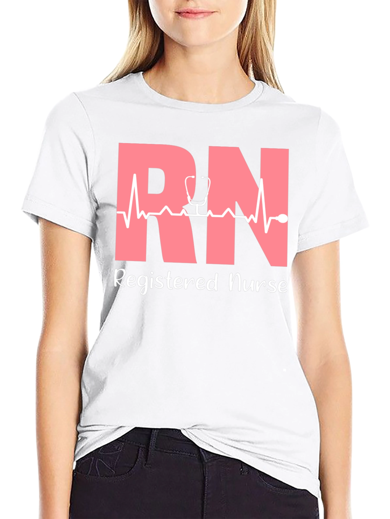 RN Registered Nurse T-Shirt - Stethoscope Heartbeat Design