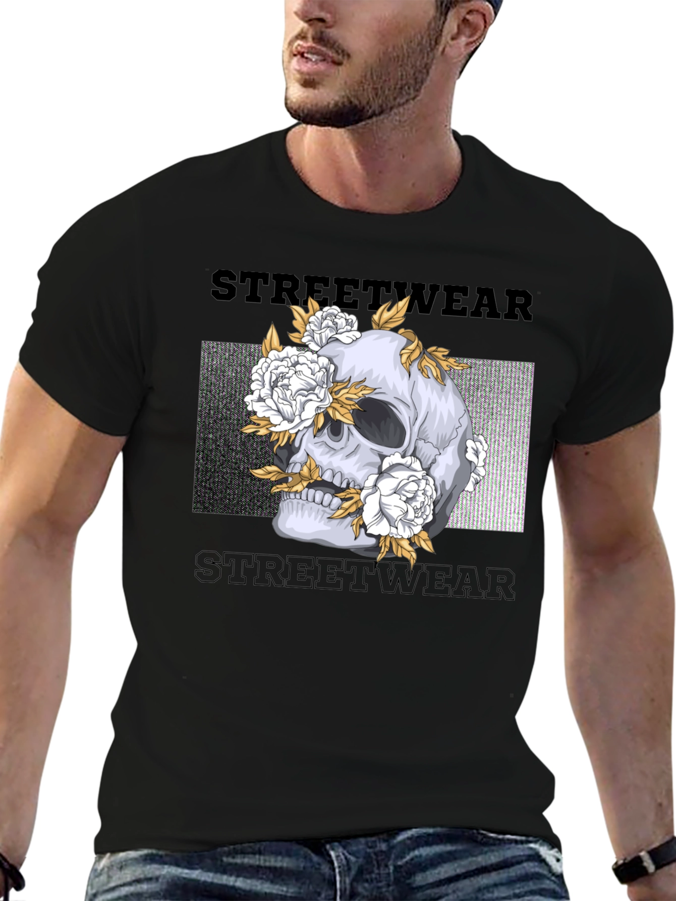 Skull and Flowers Graphic Print Black T-Shirt
