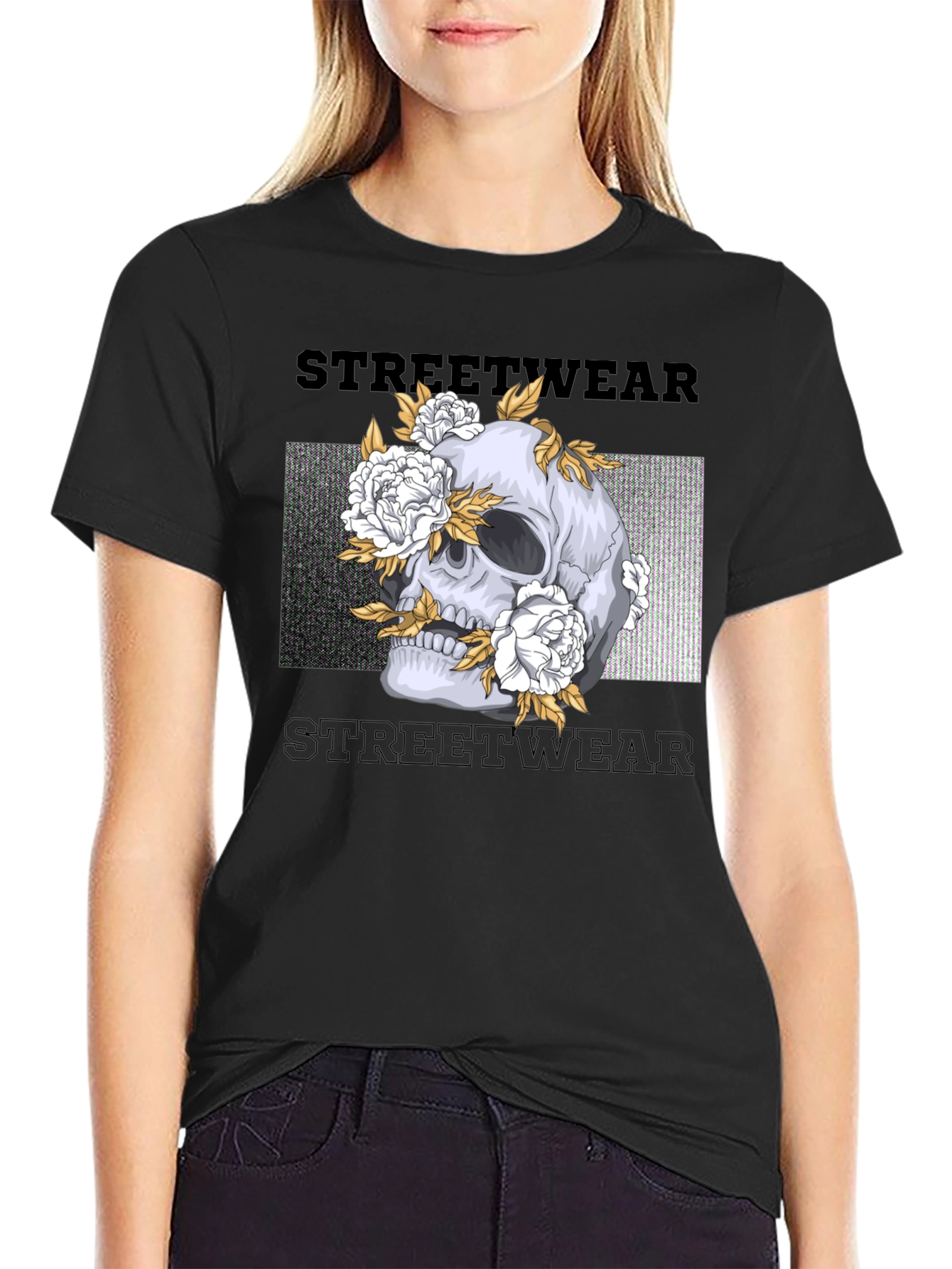 Skull and Flowers Graphic Print Black T-Shirt