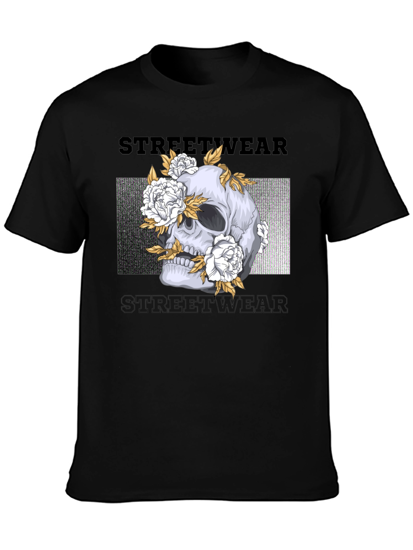 Skull and Flowers Graphic Print Black T-Shirt