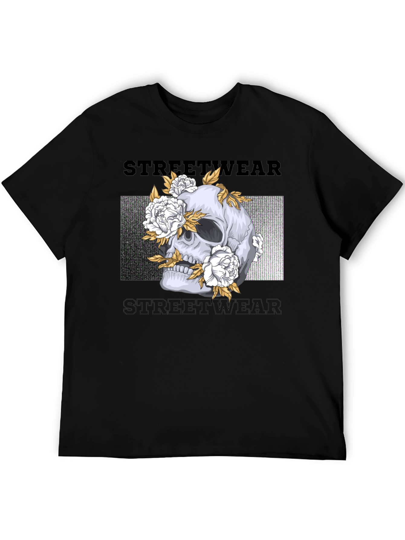 Skull and Flowers Graphic Print Black T-Shirt