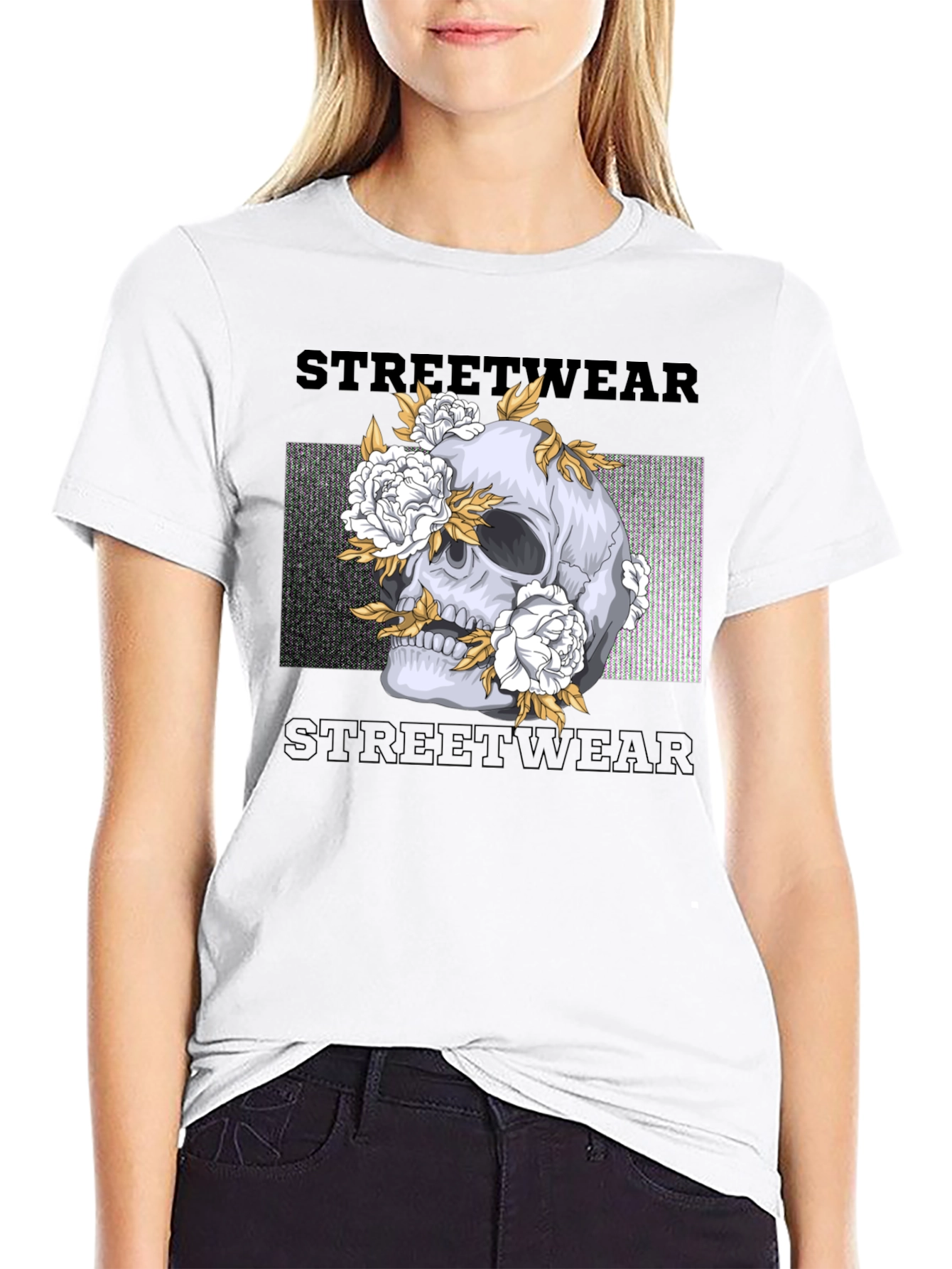 Skull and Flowers Graphic Print Black T-Shirt