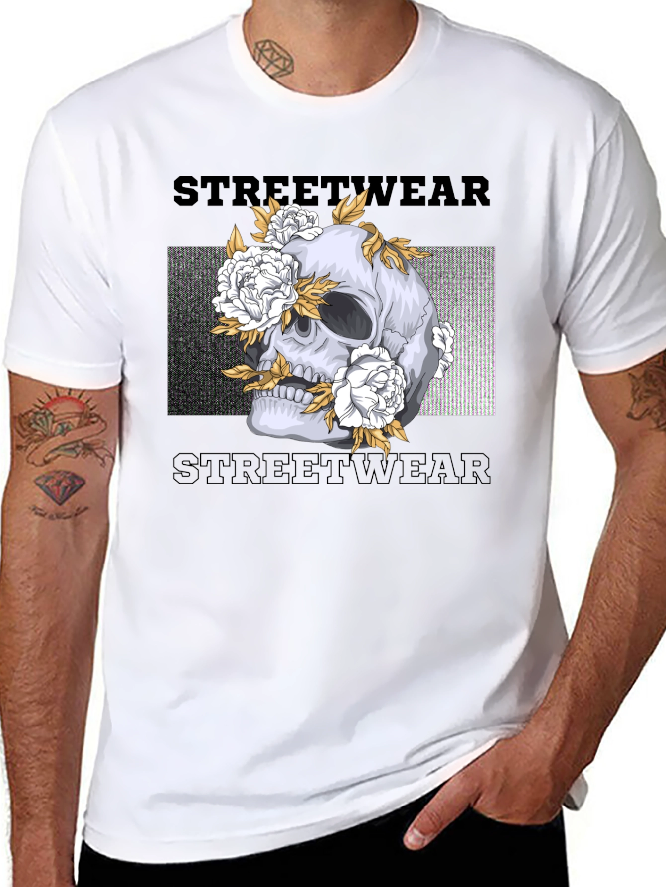 Skull and Flowers Graphic Print Black T-Shirt
