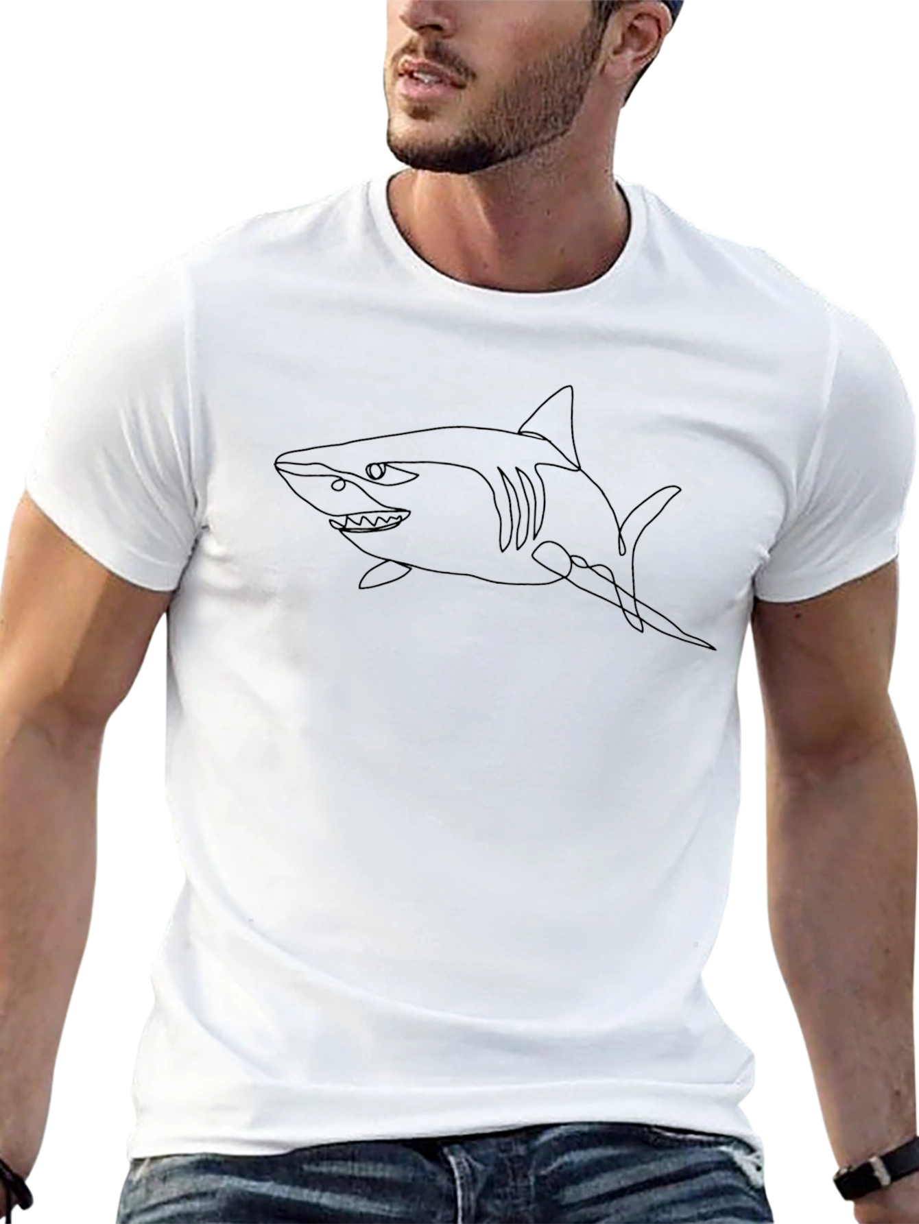 Shark Outline Graphic Tee - Black Cotton T-Shirt