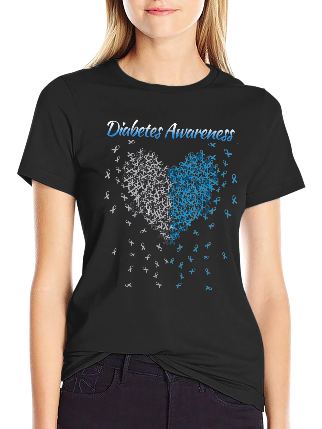Diabetes Awareness Heart Ribbon Graphic Tee - Black
