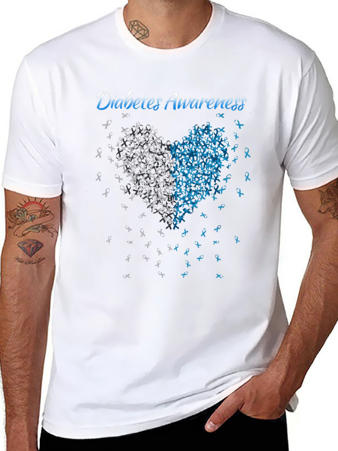 Diabetes Awareness Heart Ribbon Graphic Tee - Black