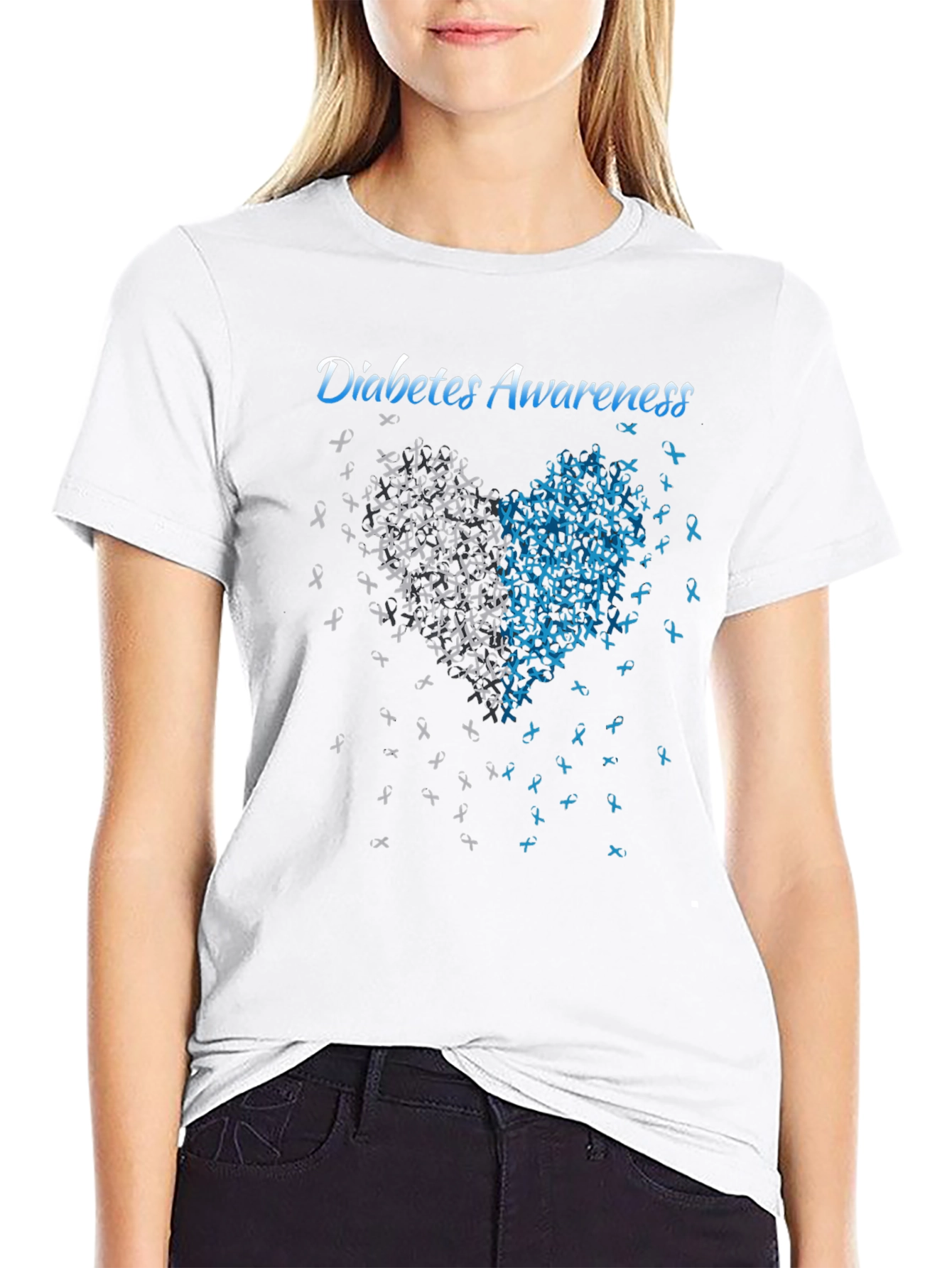 Diabetes Awareness Heart Ribbon Graphic Tee - Black