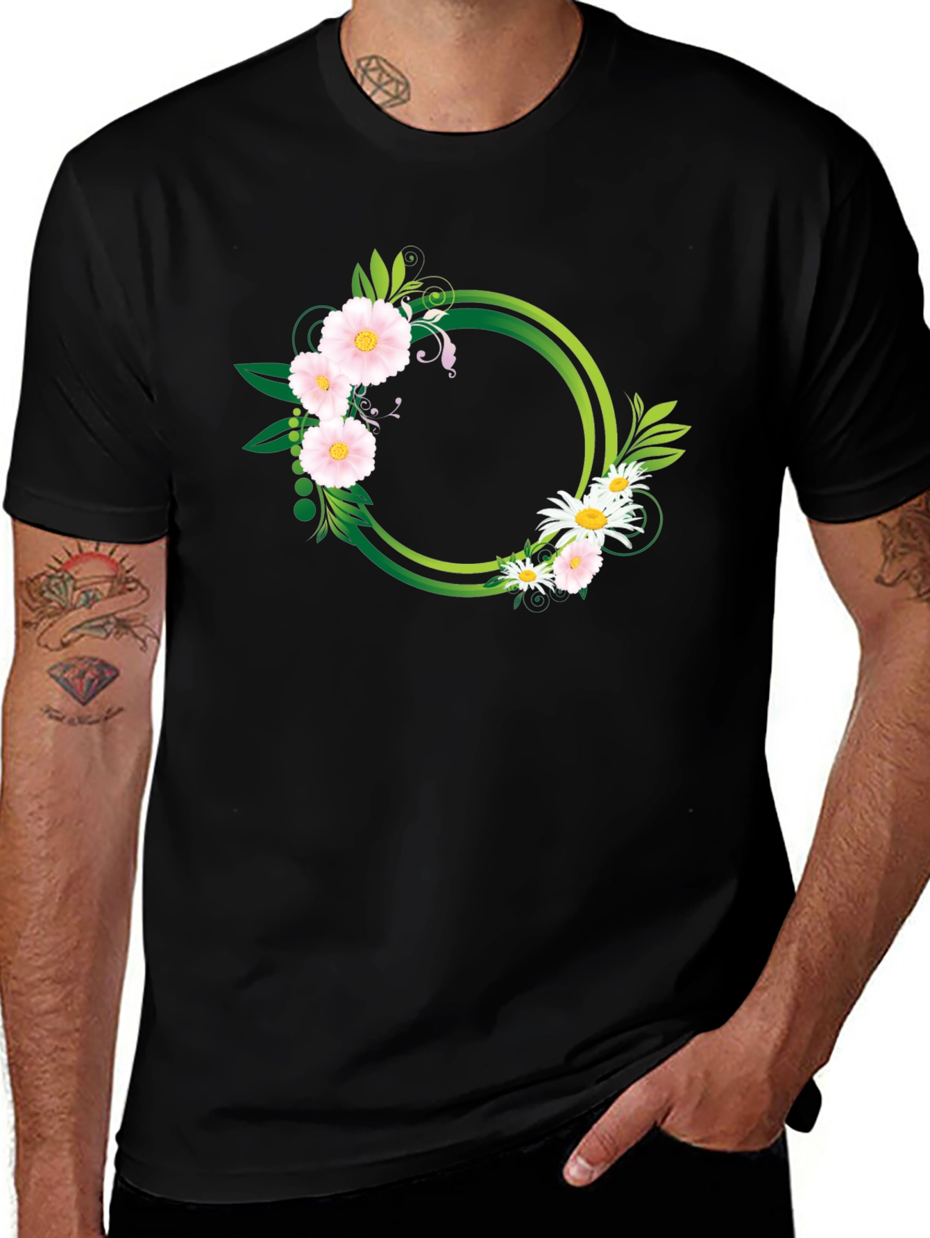 Floral Circle Graphic Black T-Shirt