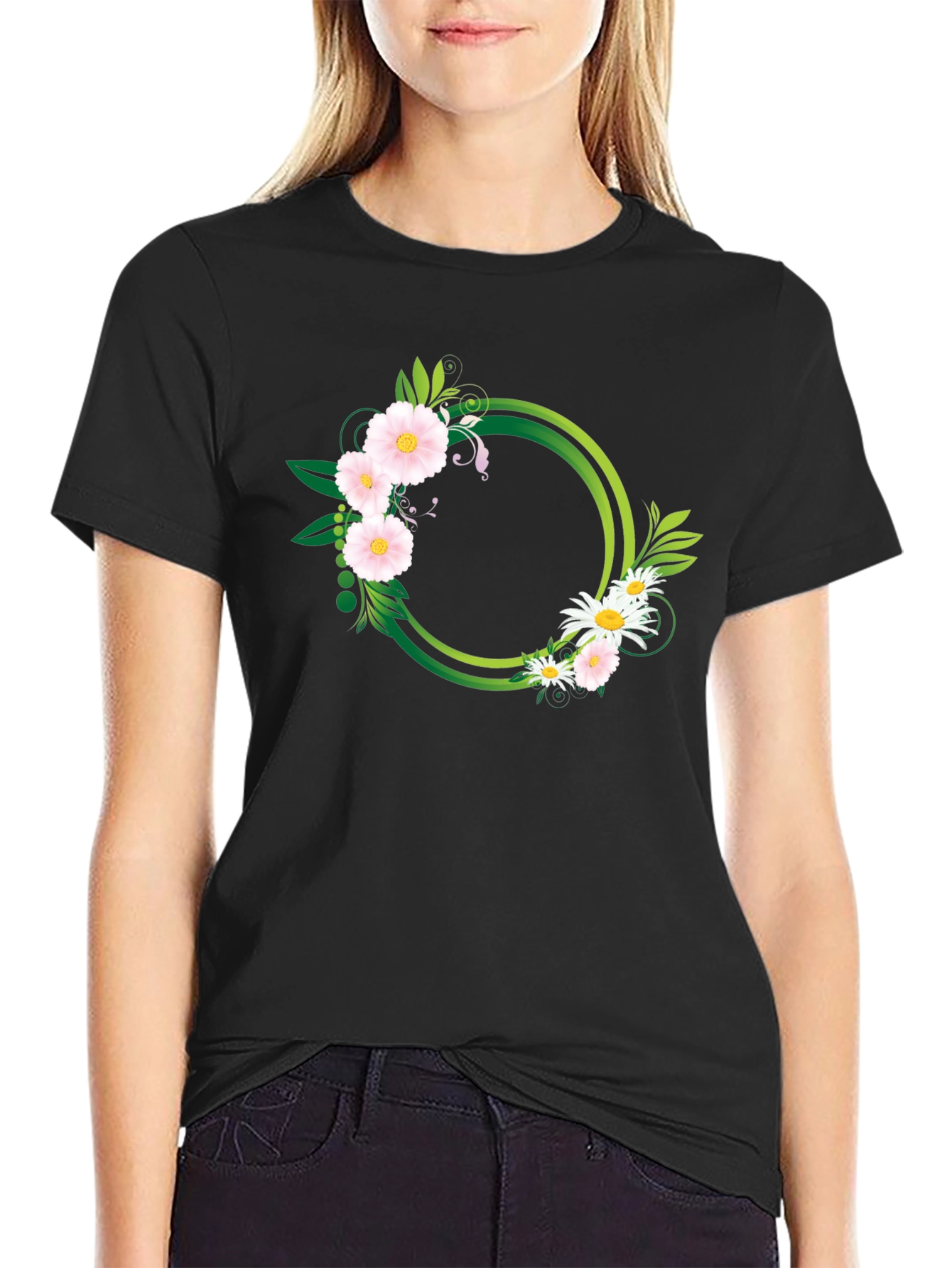 Floral Circle Graphic Black T-Shirt