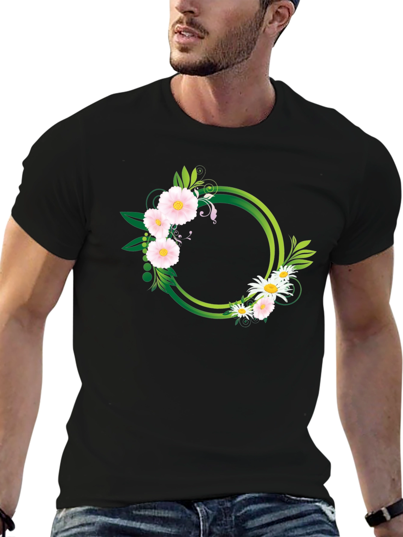 Floral Circle Graphic Black T-Shirt