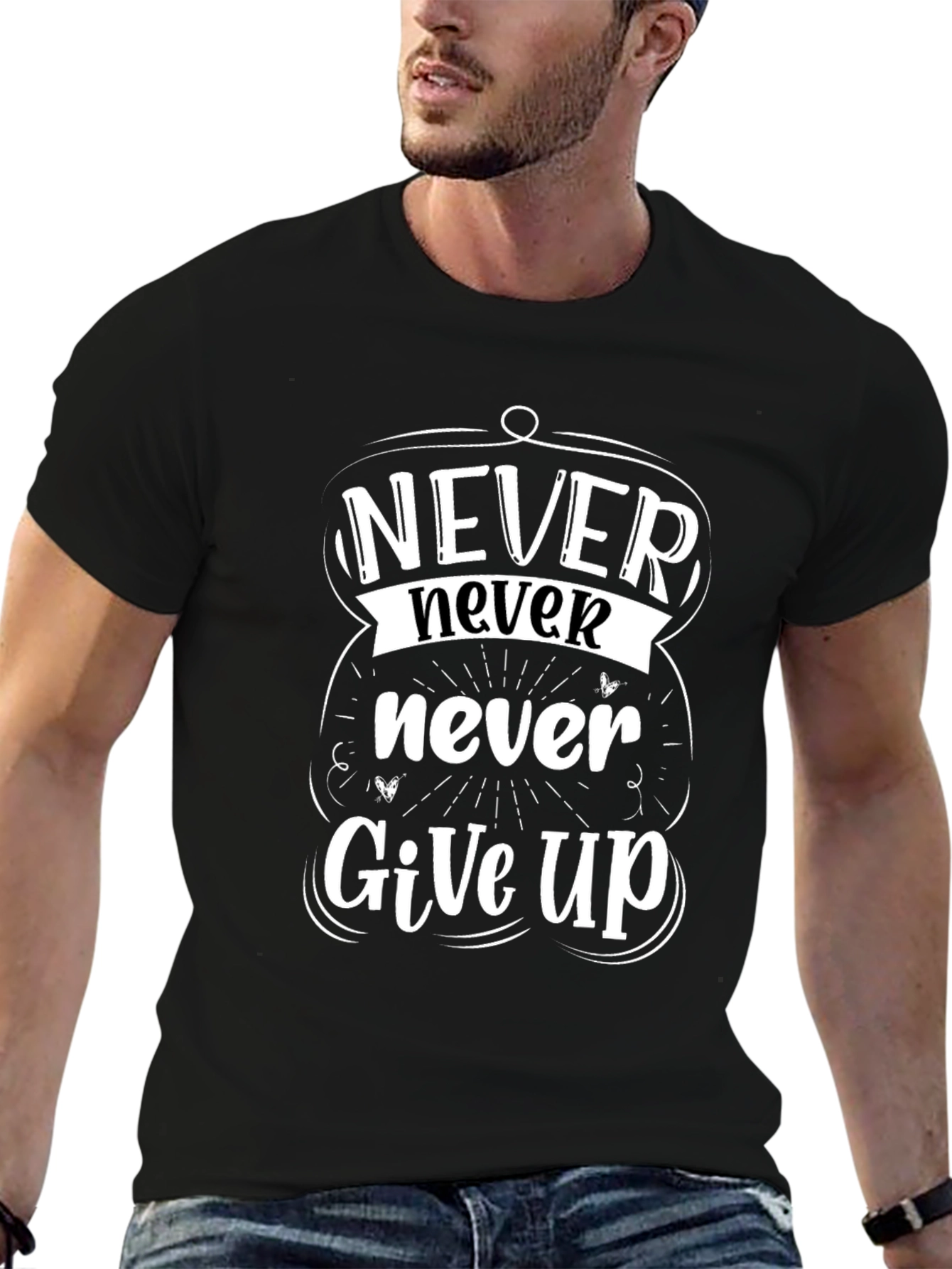 Never Give Up Motivational Graphic Tee - Black