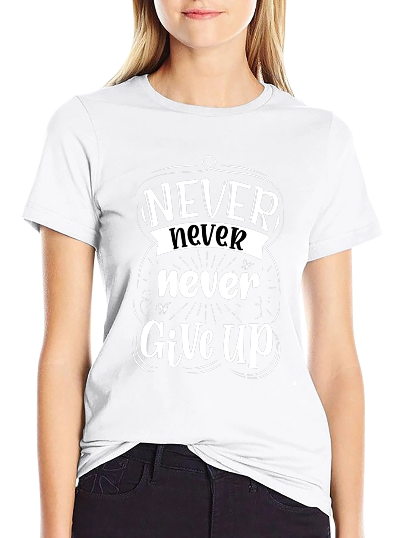 Never Give Up Motivational Graphic Tee - Black