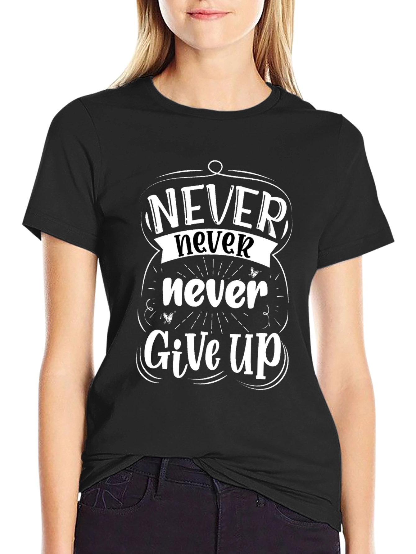 Never Give Up Motivational Graphic Tee - Black