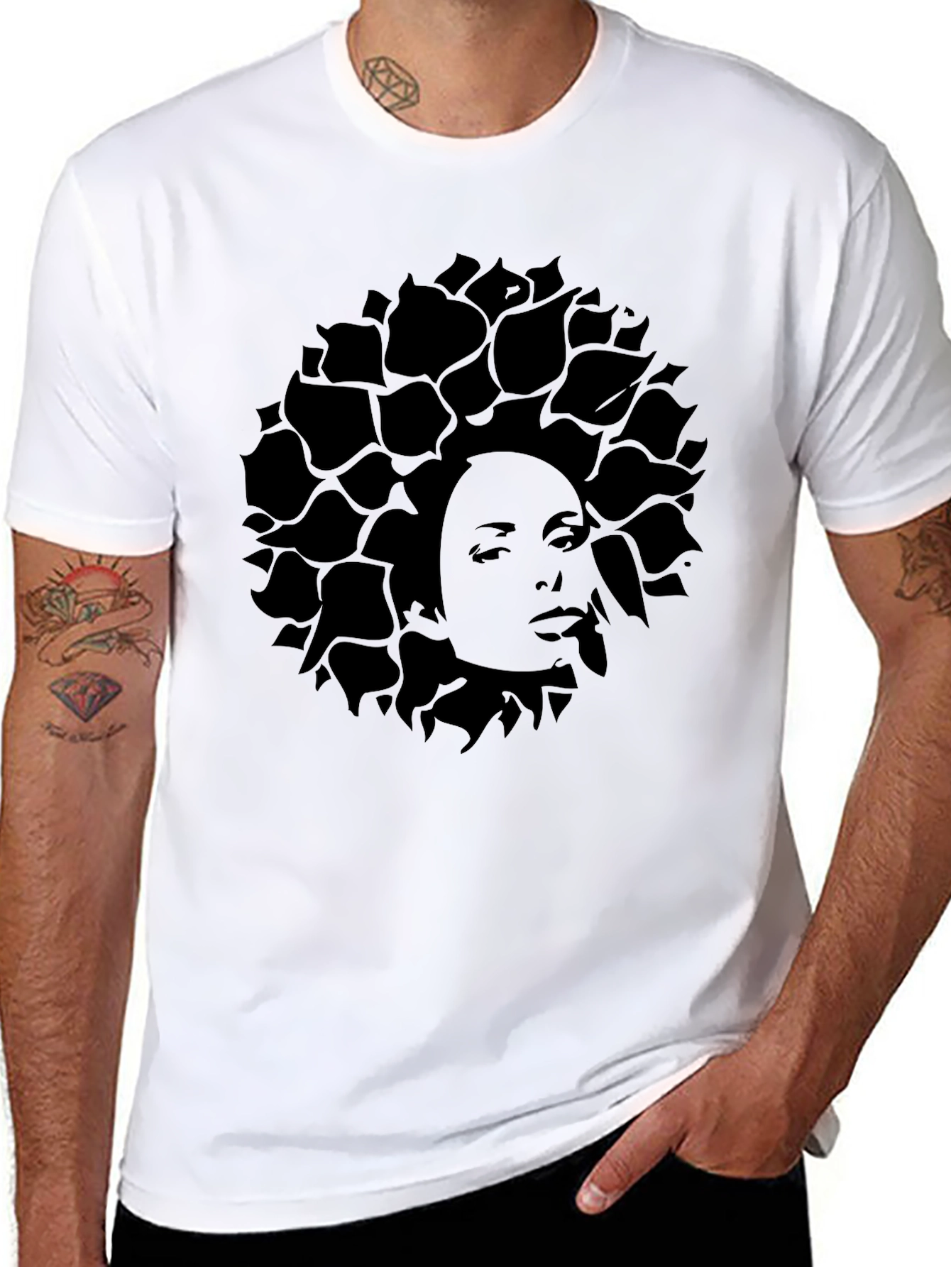 Stylish Black T-Shirt with Womans Face Floral Design