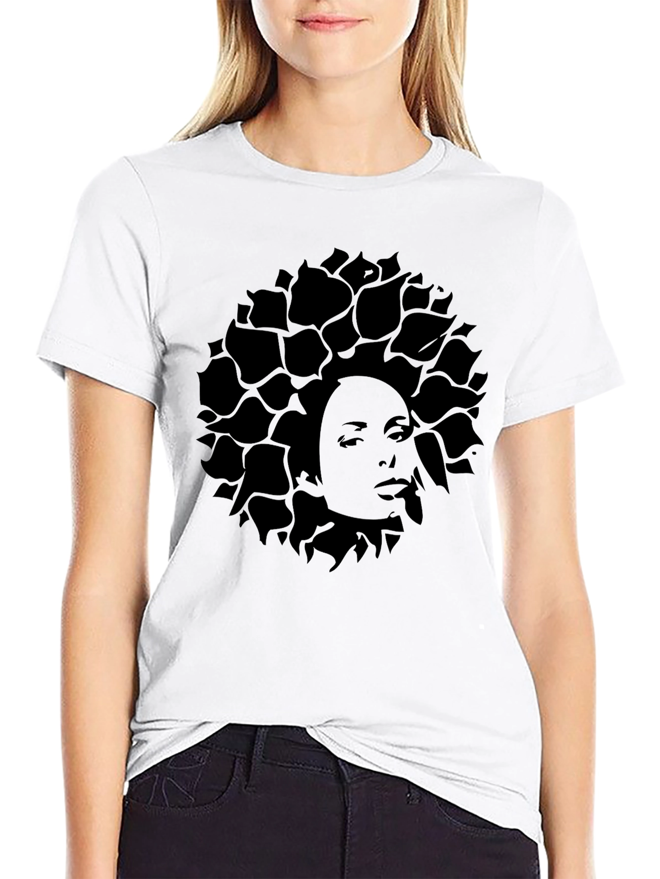 Stylish Black T-Shirt with Womans Face Floral Design