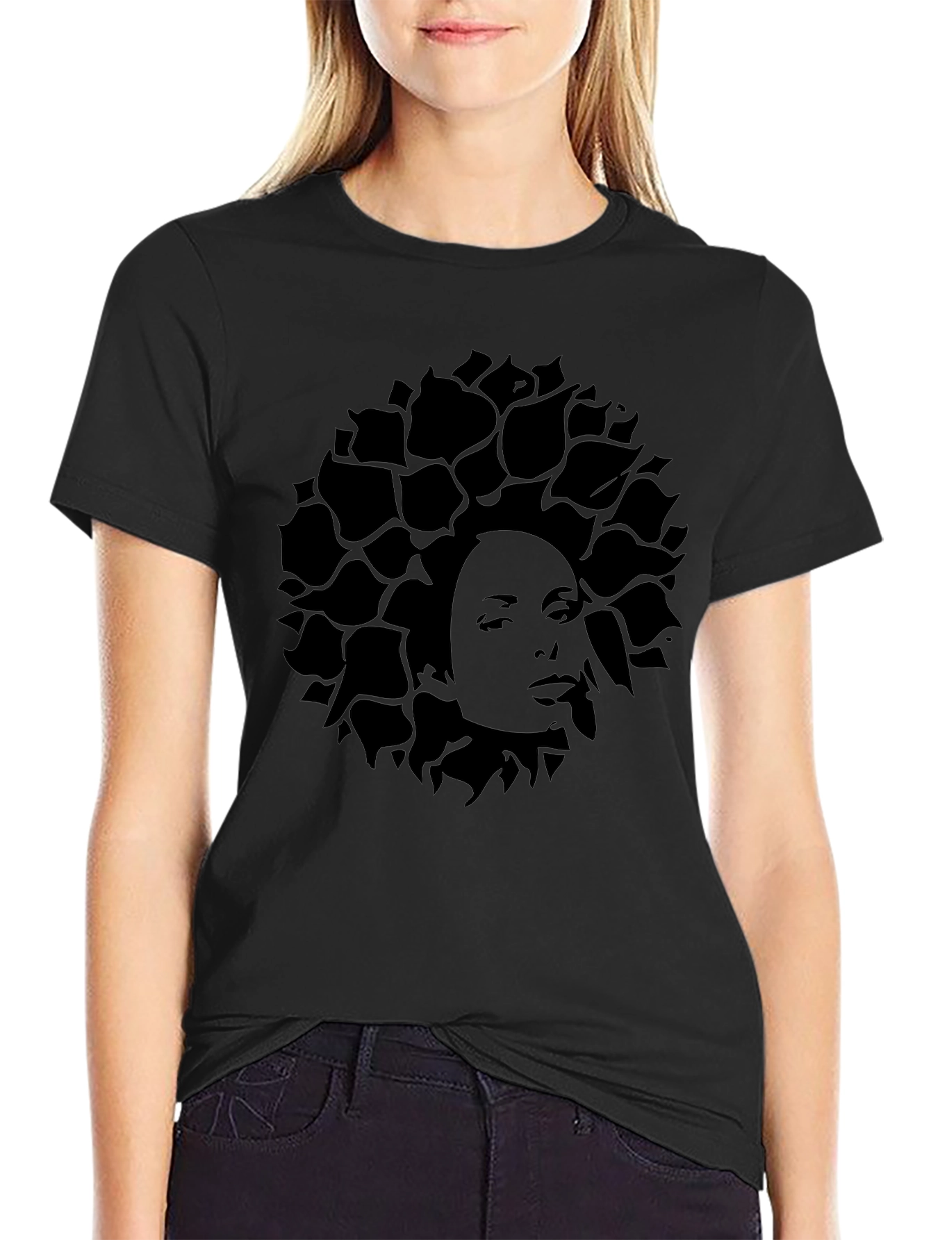 Stylish Black T-Shirt with Womans Face Floral Design