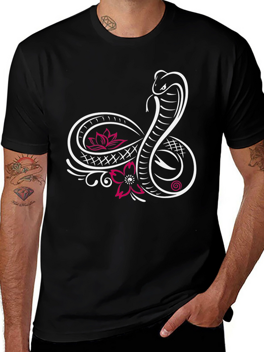 Mens Cobra Snake & Floral Graphic Tee - Black